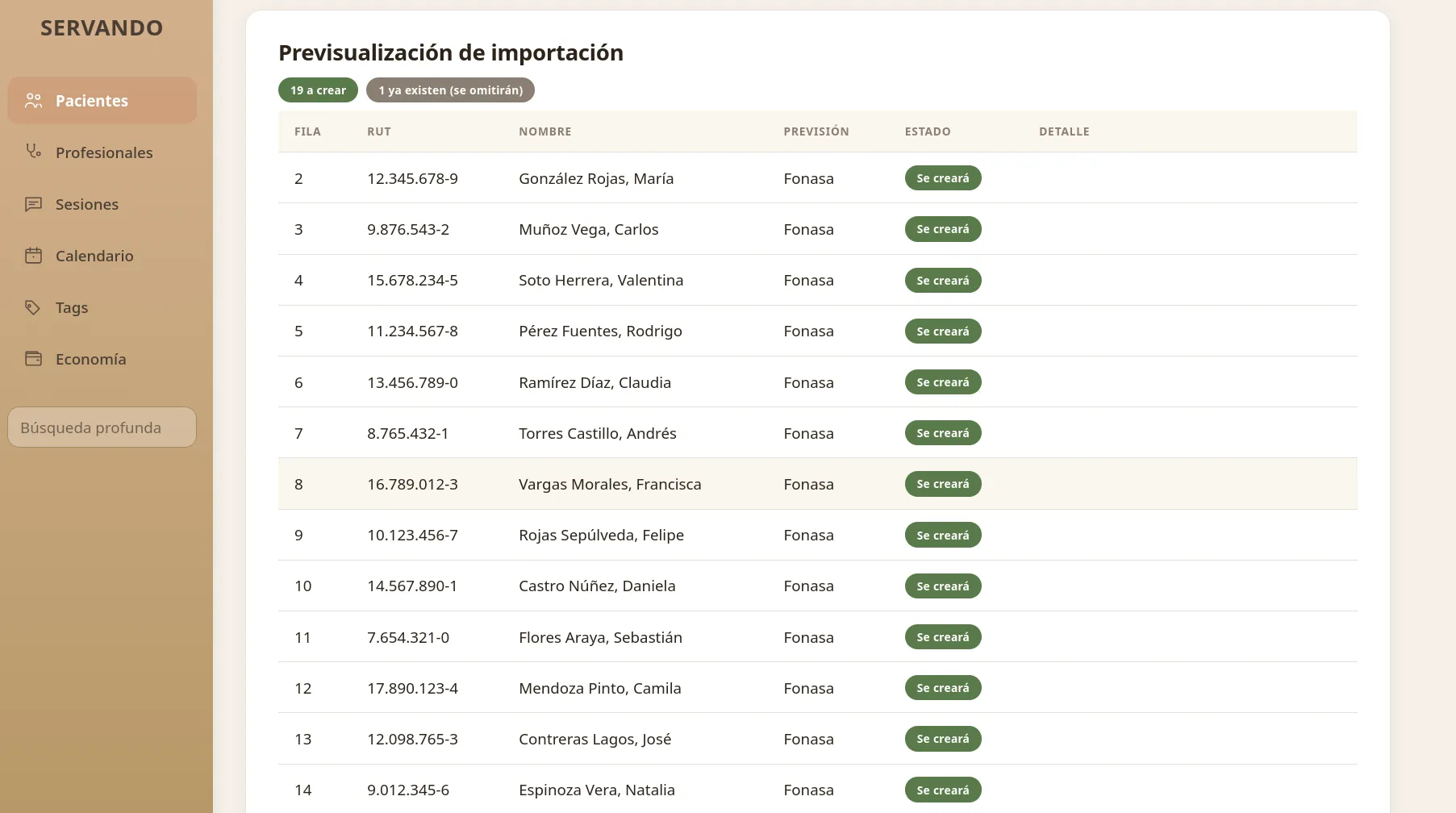 Previsualización de importación desde Excel