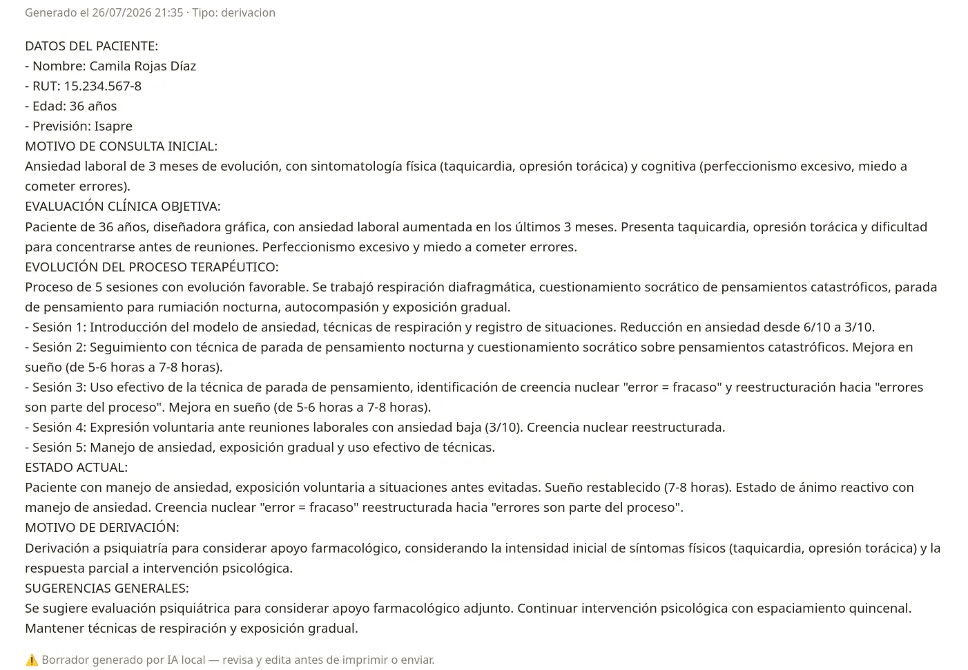 Informe de derivación generado